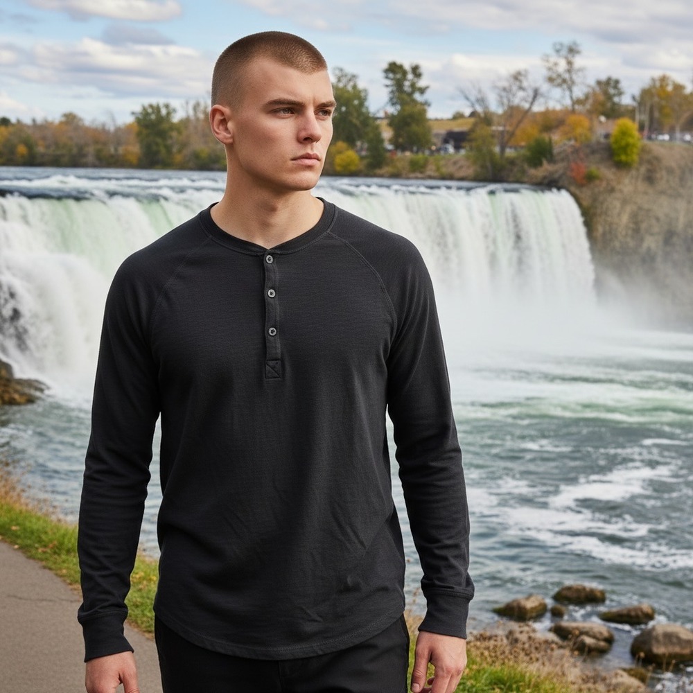 Good Man Brand‎ Mens XL Charcoal Black Long Sleeve Cotton Henley Shirt Slub Knit